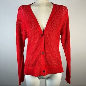 ❤️ Ricki’s Vibrant Red Mesh Knit Cardigan | Open Weave V-Neck Sweater Small